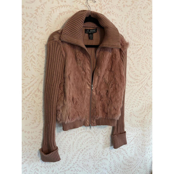C. Magic Women's AUTH Fur and Ribbed Knit Zip-Up Sweater L - Picture 3 of 8